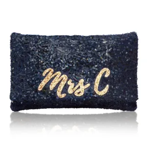Navy sequin personalised MRS initial clutch