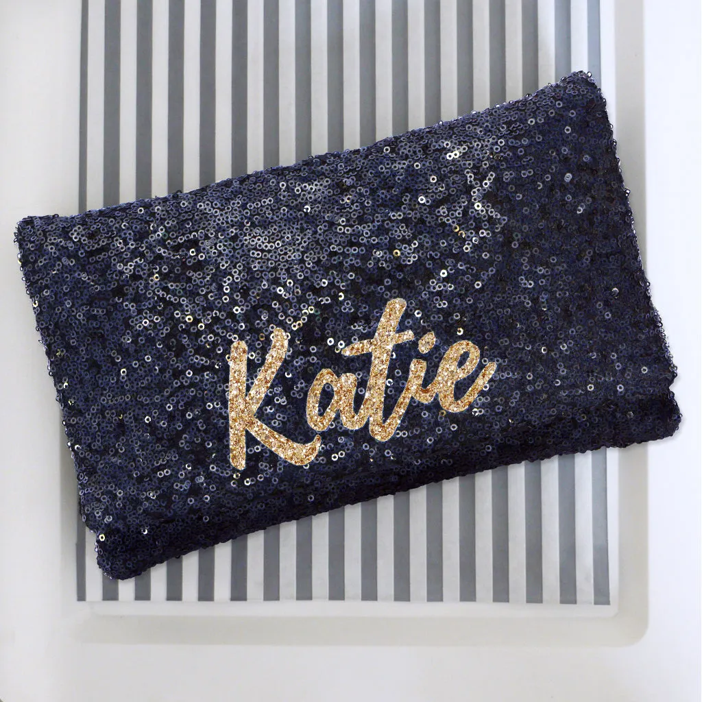 Navy sequin personalised name clutch