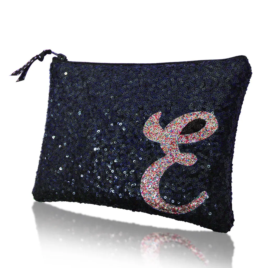 Navy sequin zip top personalised initial clutch
