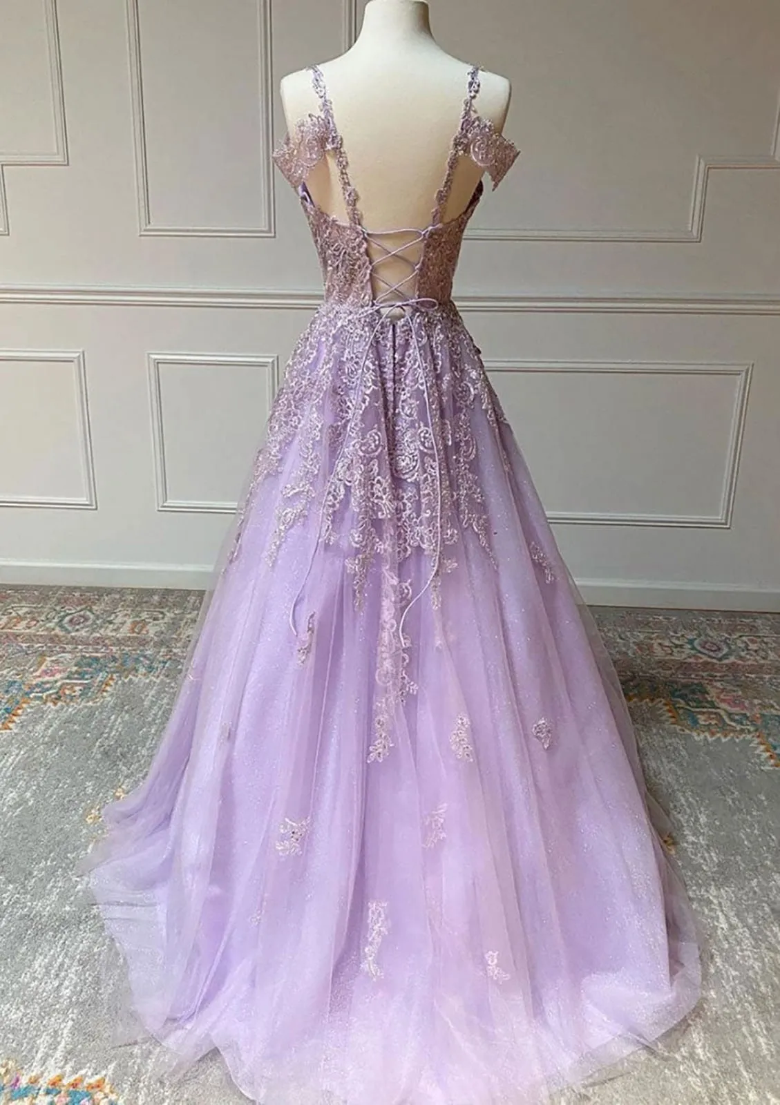 Off Shoulder Open Back Lilac Lace Tulle Prom Dress Formal Evening Gown