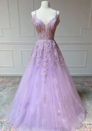 Off Shoulder Open Back Lilac Lace Tulle Prom Dress Formal Evening Gown