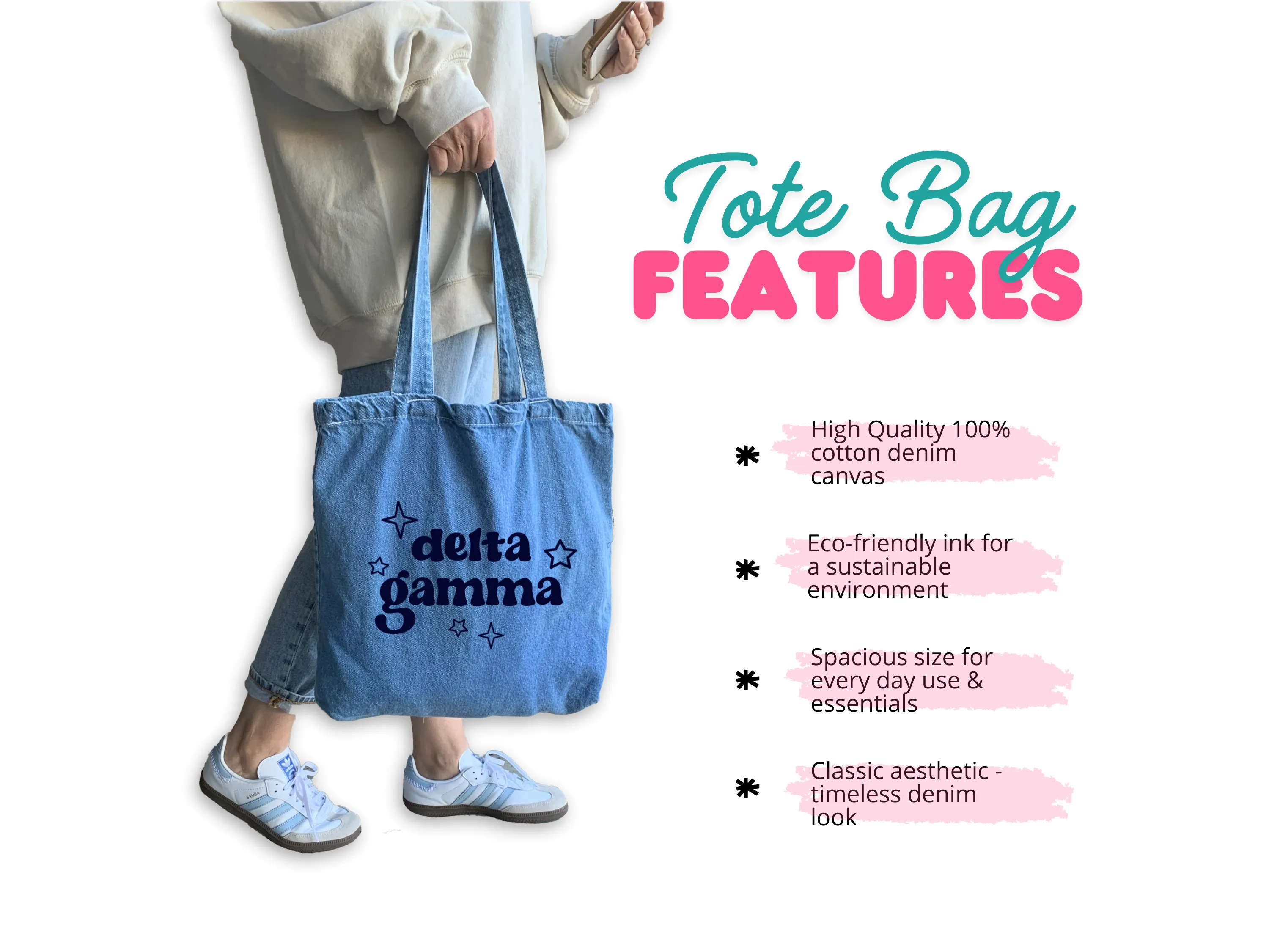 Phi Mu Denim Tote Bag - Sorority Gift, Big Little Reveal, Bid Day, Greek Life Accessory