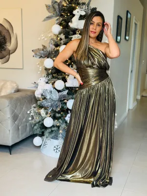 "Emilia" Gold metallic One Shoulder Dress