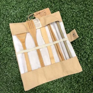 Reusable Bamboo Cutlery Set in a Bamboo Material Cutlery Roll