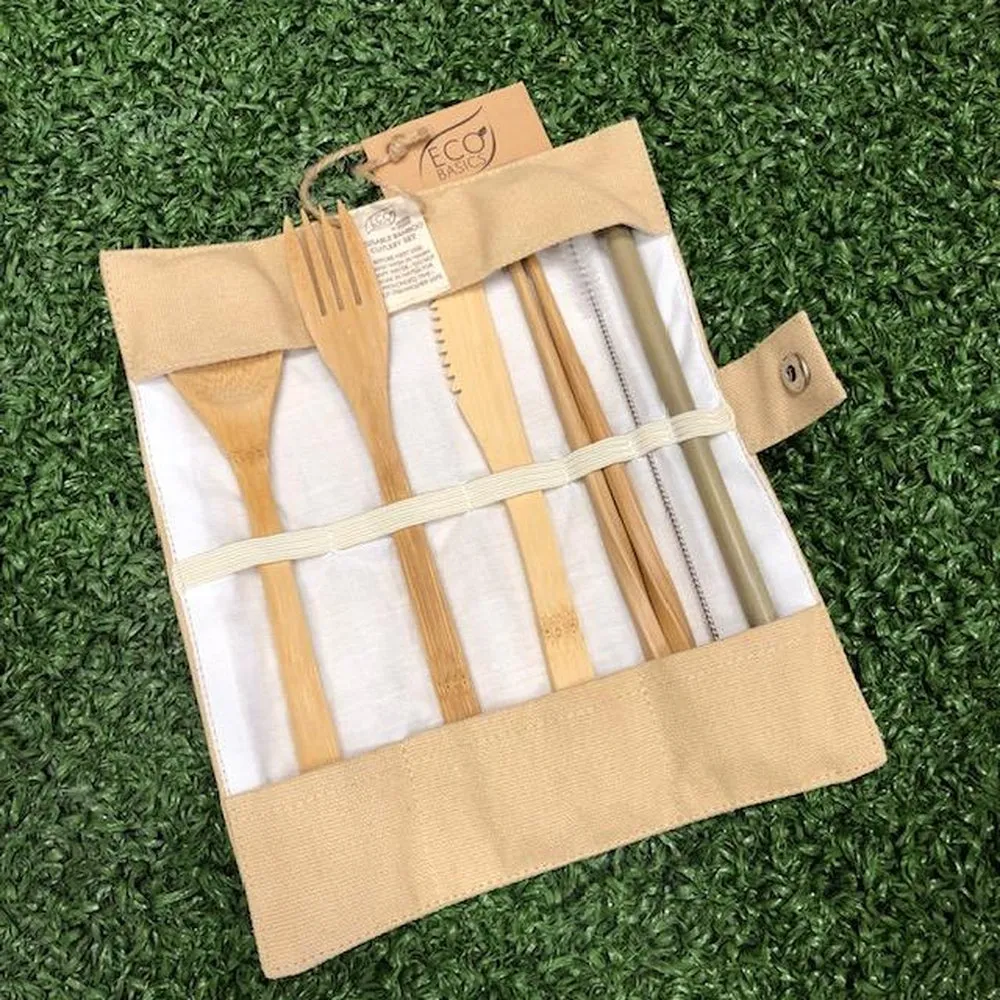 Reusable Bamboo Cutlery Set in a Bamboo Material Cutlery Roll