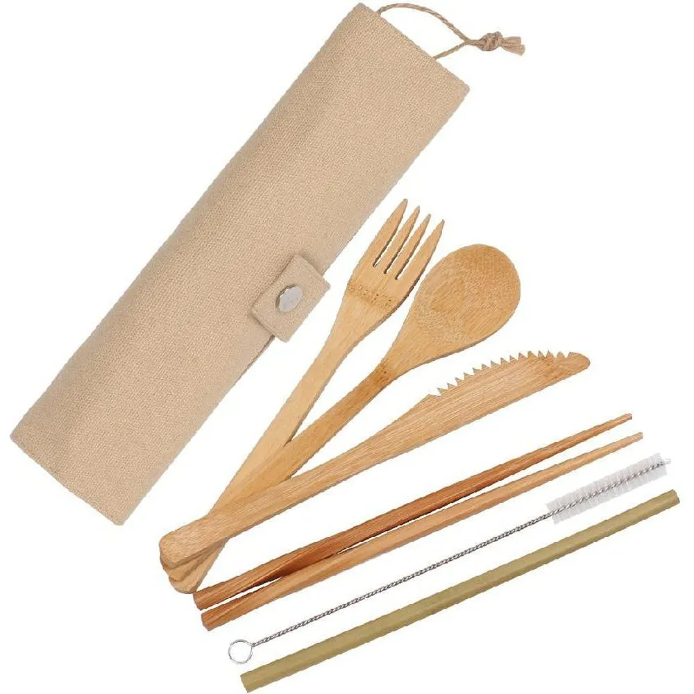 Reusable Bamboo Cutlery Set in a Bamboo Material Cutlery Roll