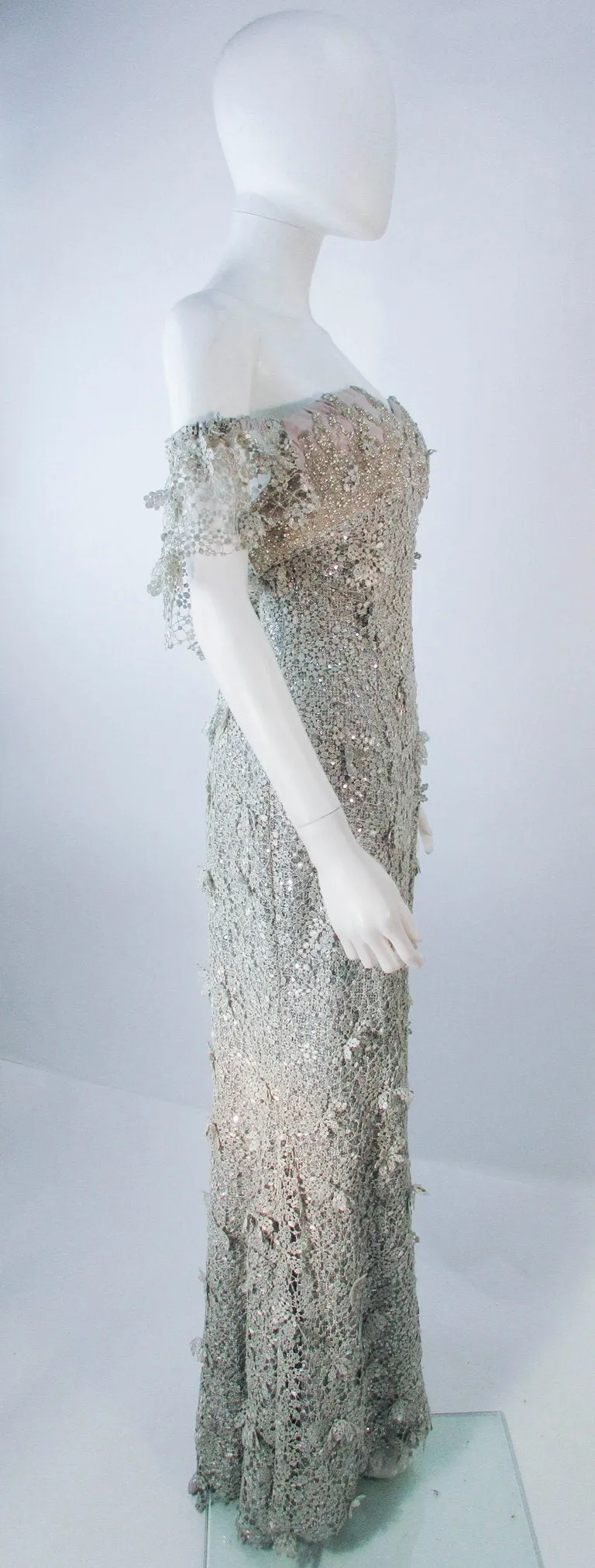 TONY WARD Silver Metallic Lace Gown Size 2-4