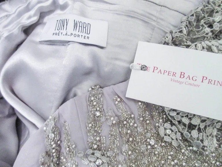TONY WARD Silver Metallic Lace Gown Size 2-4