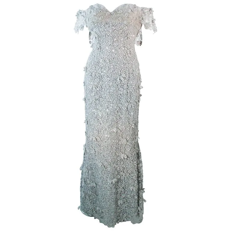 TONY WARD Silver Metallic Lace Gown Size 2-4