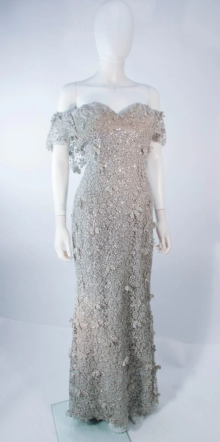 TONY WARD Silver Metallic Lace Gown Size 2-4