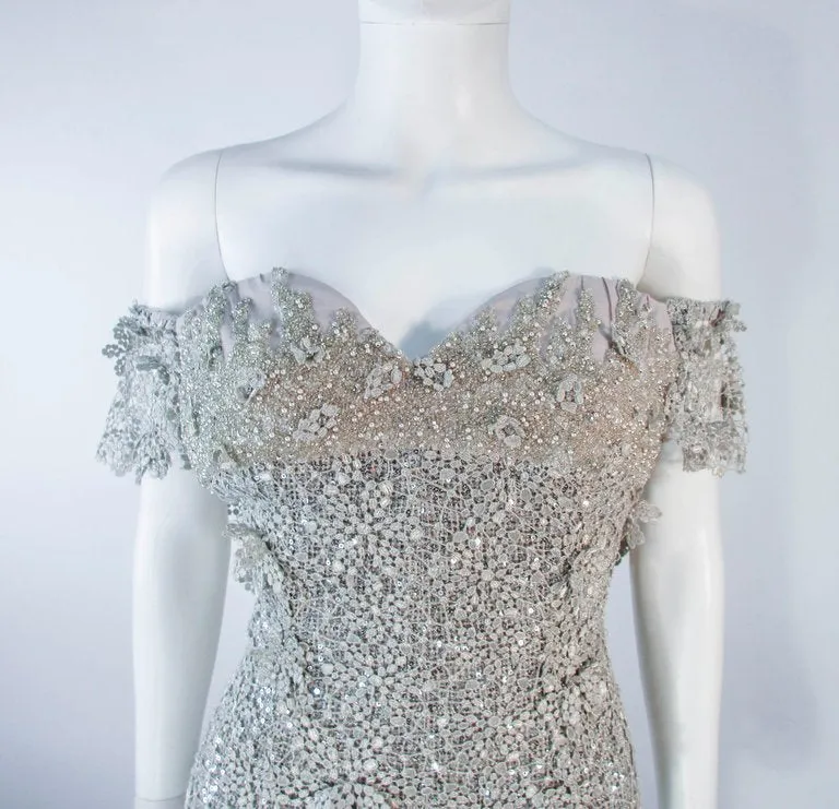 TONY WARD Silver Metallic Lace Gown Size 2-4