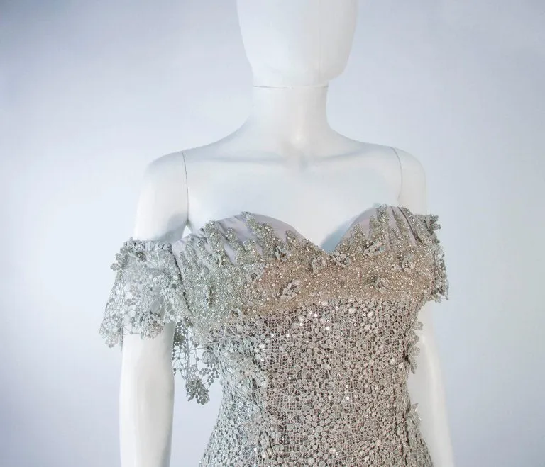 TONY WARD Silver Metallic Lace Gown Size 2-4