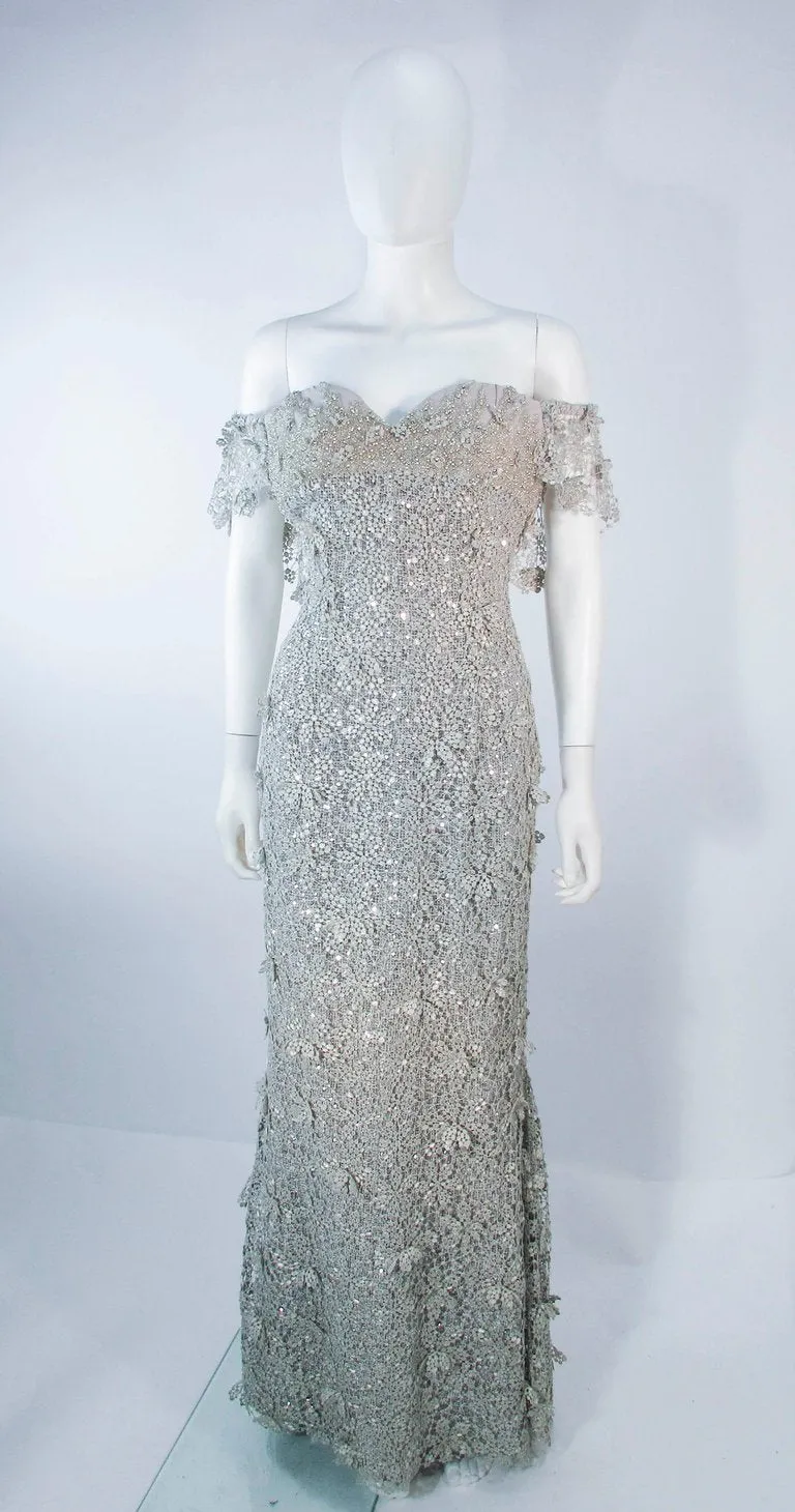 TONY WARD Silver Metallic Lace Gown Size 2-4