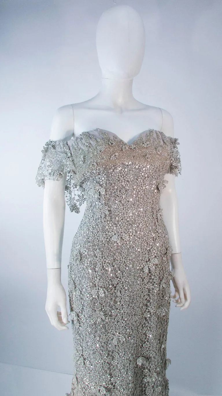 TONY WARD Silver Metallic Lace Gown Size 2-4