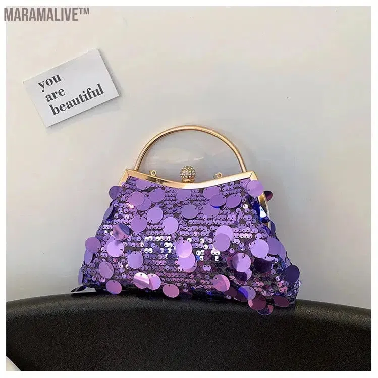 Trendy Purple Round Sequin Clutches Metal Handle Handbag Wedding Party Evening Bag Purse Chain Shoulder Messenger Bag For Women