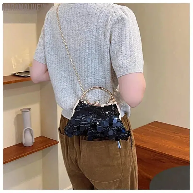Trendy Purple Round Sequin Clutches Metal Handle Handbag Wedding Party Evening Bag Purse Chain Shoulder Messenger Bag For Women