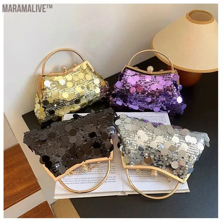 Trendy Purple Round Sequin Clutches Metal Handle Handbag Wedding Party Evening Bag Purse Chain Shoulder Messenger Bag For Women