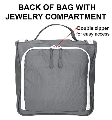 WAYFARER SUPPLY Hanging Toiletry Bag for Women: Pack-it-flat Travel Bag w Jewelry Organizer Fits Full Sized Travel Accessories, Grey